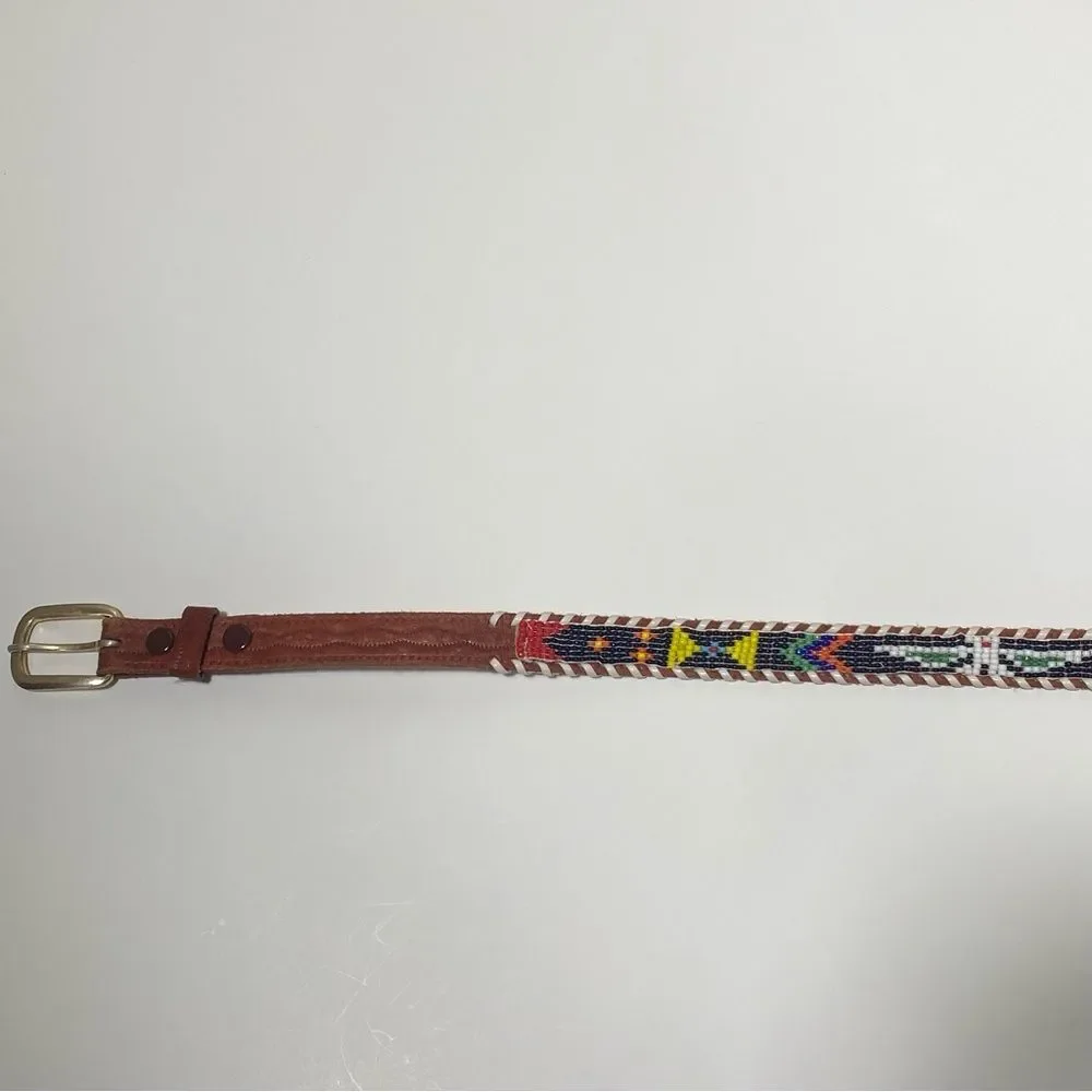 Vintage Genuine Cowhide Hand Beaded & Laced Aztec Tooled Leather Belt Size 24